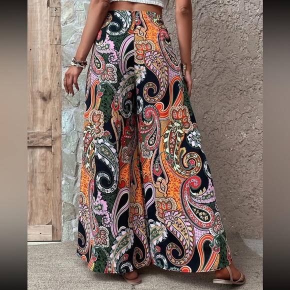 Boho Floral Paisley Print Flare Wide Leg Palazzo Pants - Picture 3 of 5